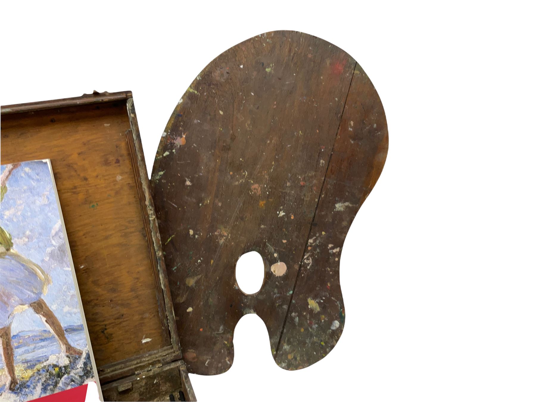 Dorothea Sharp ROI RBA (1874-1955): 20th century mahogany artist's box from Sharp's London studio, including contents: brushes and pallet knives, together with a studio palette, The Biography of Dorothea Sharp, Rock Pools & Sunshine by Helen Entwisle, and copies of two letters relating to the acquisition of the artist's box.

Provenance: Acquired alongside the purchase of other items from Sharp's Studio from Mr & Mrs Mills by Biographer Helen Entwisle in 1994). Later purchased by the current vendor along with other items from Entwisle who currently lives in Knaresborough. (Part sold at Lanes in Cornwall). 
