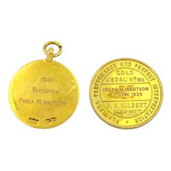 Two early 20th century 9ct gold medallions presented by 'The Poetry Lovers Fellowship' and 'New Era Academy of Drama and Music', both presented to Freda Ibbotson in 1939 and 1941