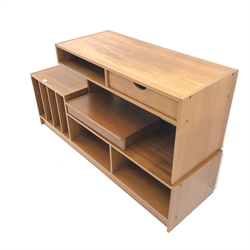 Teak retro corner entertainment stand, single drawer, record stand, W146cm, H81cm, D46cm