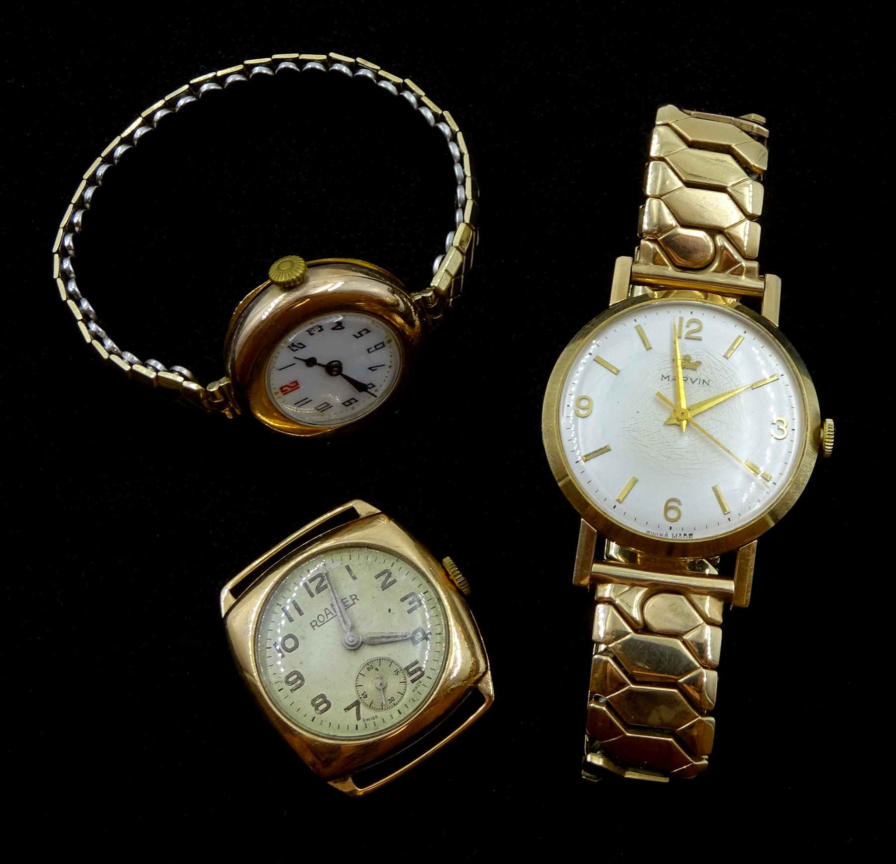 Roamer 9ct gold gentleman's wristwatch, London 1951, Marvin 9ct gold wristwatch and a ladies 9ct gold wristwatch, hallmarked, both on expandable gilt straps