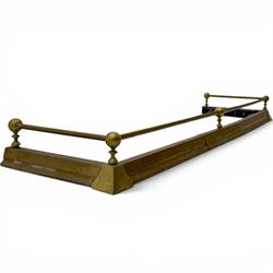 Three 20th century brass fenders, two with pierced Art & Crafts design rails, largest W156cm, D 45cm 