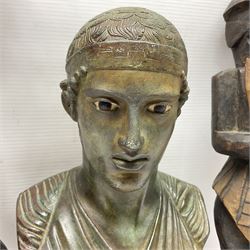 Bronzed bust of Greek man upon a marble base, together with two wooden sculptures 