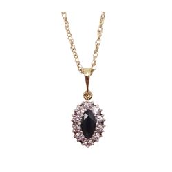 9ct gold sapphire and cubic zirconia cluster pendant necklace, hallmarked 