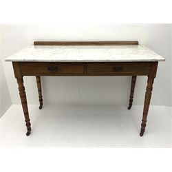 Edwardian walnut marble topped washstand, fitted with two short drawers, raised on turned supports and castors