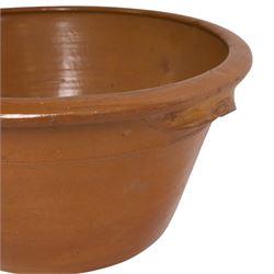 19th century tan twin handled pancheon, of tapering circular form, H26cm, D51cm