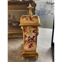Late 20th century limited edition Royal Worcester mantle clock, hand painted by Jason Bowman with a still life of fruit upon mossy ground, signed J Bowman, with marks beneath including limited edition no 53/200, H27cm, with makers fitted card box 