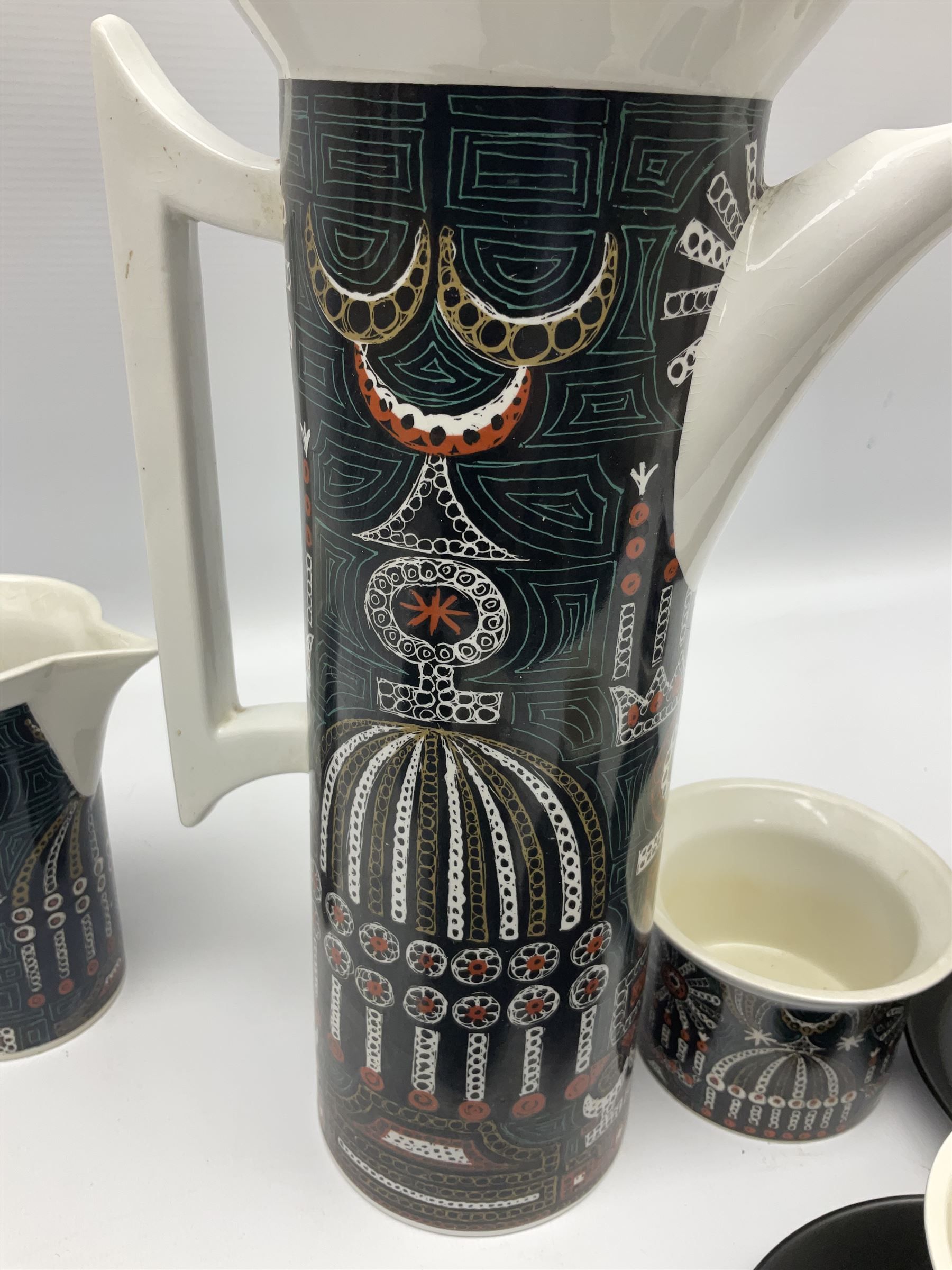 Susan Williams Ellis for Portmeirion 'Magic City' part coffee service, comprising five cups, six saucers, sugar bowl, milk jug and coffee pot
