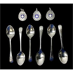 Set of three Yorkshire Miniature Rifle Association hallmarked silver and enamel fob medals, Birmingham 1925, 1926 & 1929; together with six silver plated coffee spoons each engraved with crossed rifles to the terminal (9)