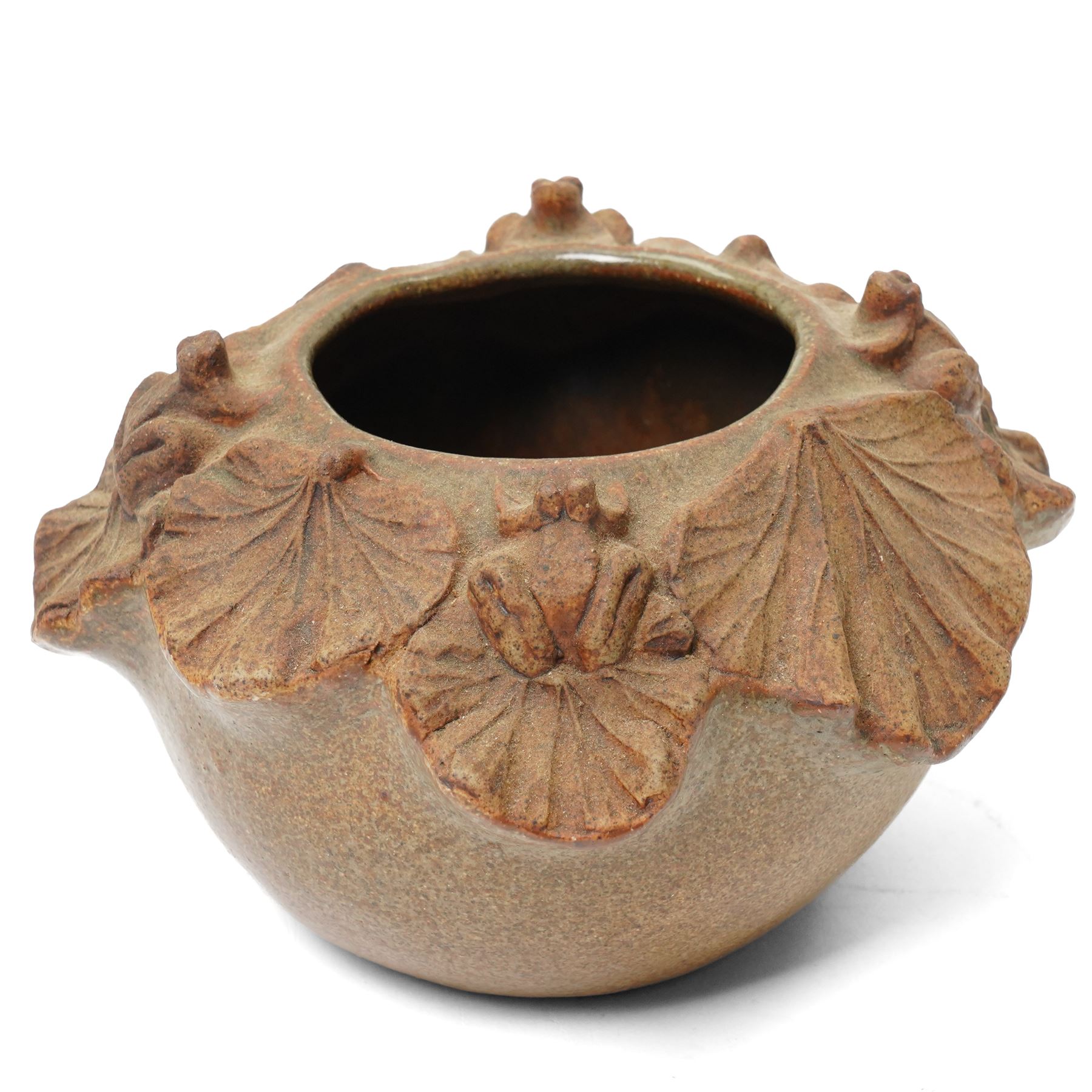 Bernard Rooke (1938-) - small stoneware vase, the rim formed as lily pads and frogs in a brown glaze H9cm, purchased from The Mill Gallery, Swilland,  Ipswich