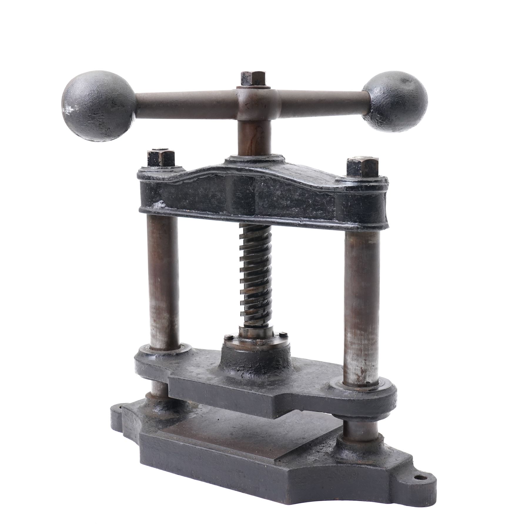 19th century cast iron book press, with large winding handle, H38cm 
