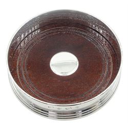 Modern silver mounted bottle coaster, of circular form with turned wooden base, hallmarked W I Broadway & Co, Birmingham 1991, D12cm 
