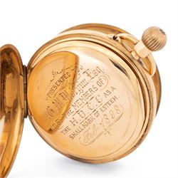 Victorian 18ct gold half hunter keyless lever presentation pocket watch by Lavine Brothers, Johannesburg & London, white enamel dial with Roman numeral hour markers and subsidiary seconds dial, the base case monogrammed with initials, case by Fred Thoms, London 1897