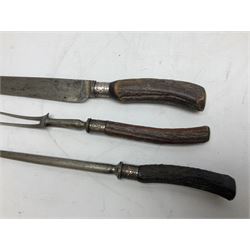 Early 20th century Indian wooden fish scabbard knife and fork serving set, together with other carving instruments with antler handles to include a Walker & Hall example