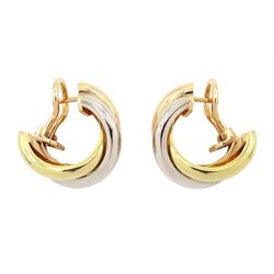Cartier Trinity gold hoop earrings, each stud with 18ct rose, white and yellow gold intertwined rings, boxed with certificate 