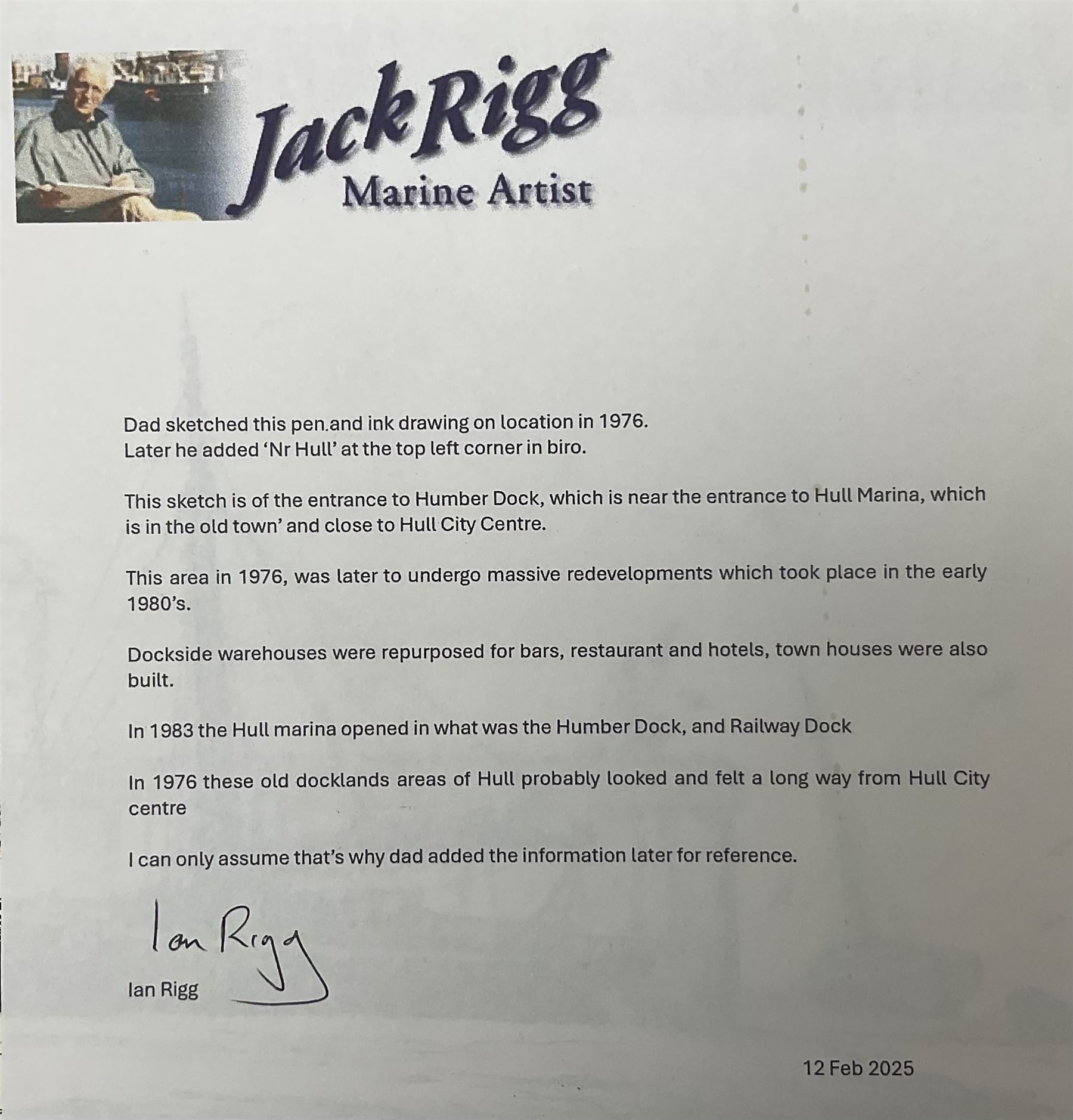 Jack Rigg (British 1927-2023): Entrance to the Humber Dock 'Near Hull', pen and ink sketch signed and dated 1976, titled later 18cm x 29cm (unframed)