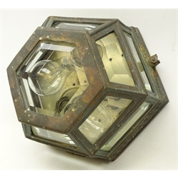  Early 20th century hexagonal gilt metal ceiling light with laurel leaf moulded border inset with bevelled glass panels, D30cm  