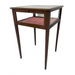 Edwardian inlaid mahogany bijouterie cabinet, glass inset top in moulded frame with satinwood band, fall front glazed door, on square tapering supports 