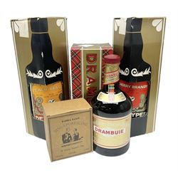 Drambuie Liqueur 75cl 40% vol, together with Dekuyper cherry brandy 1 litre 24% G.L, Dekuyper Peach Brandy 1 litre 24% G.L and six miniature singapore slings 17.5% vol 50ml