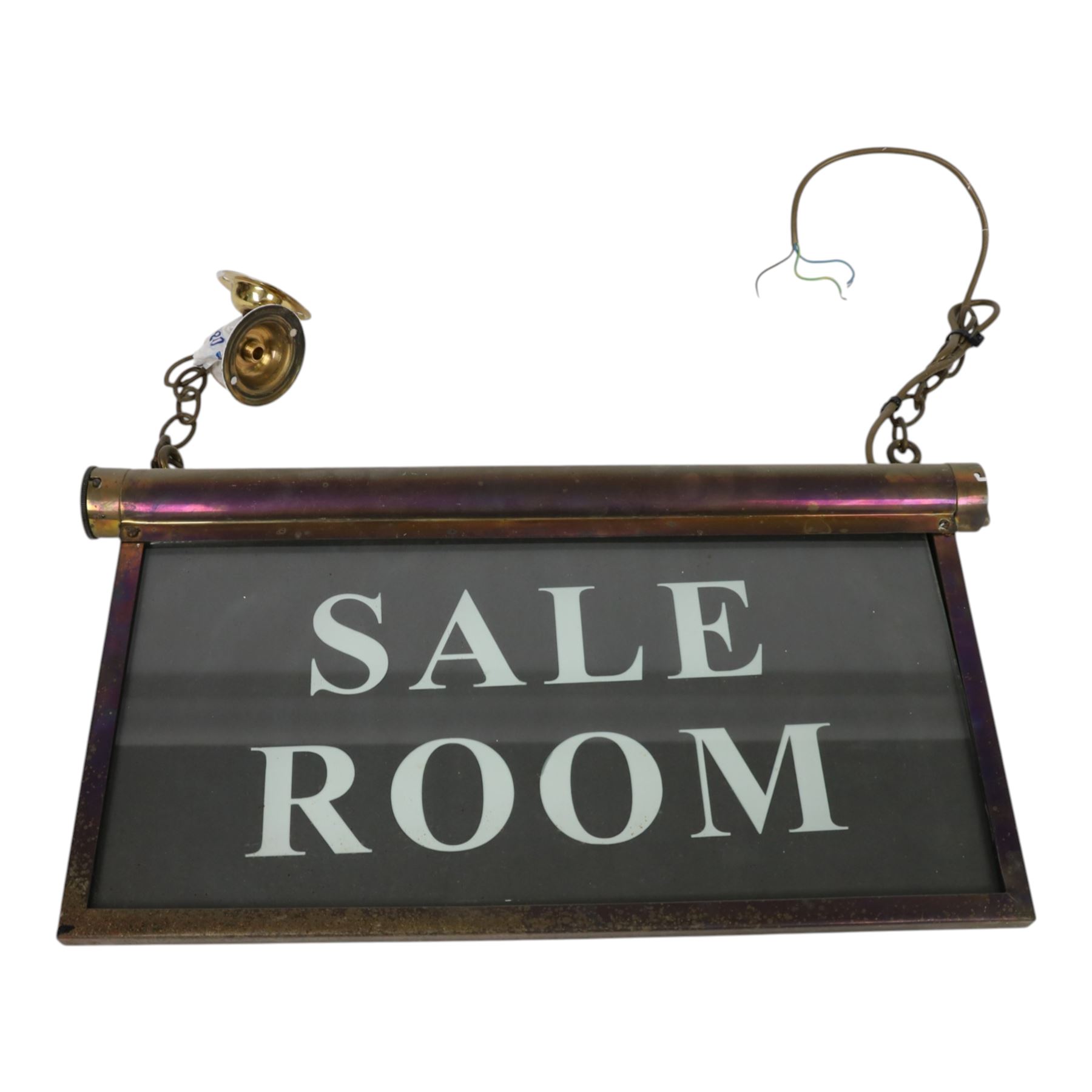 Early 20th century brass ceiling hanging illuminated sign 'sale room', H27cm, L48cm