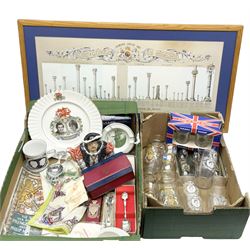 Commemorative ware to include Elizabeth II coronation glasses, cased tea spoons, Elizabeth and Philip Royal Wedding souvenir programme, napkins, tins, novelty Henry VIII teapot and a framed reign chart of the Kings and Queens etc in two boxes