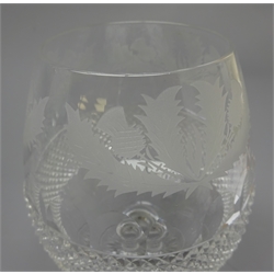  Set of six brandy balloons etched with thistles & hobnail cut design, unmarked, probably Edinburgh Crystal (6)   