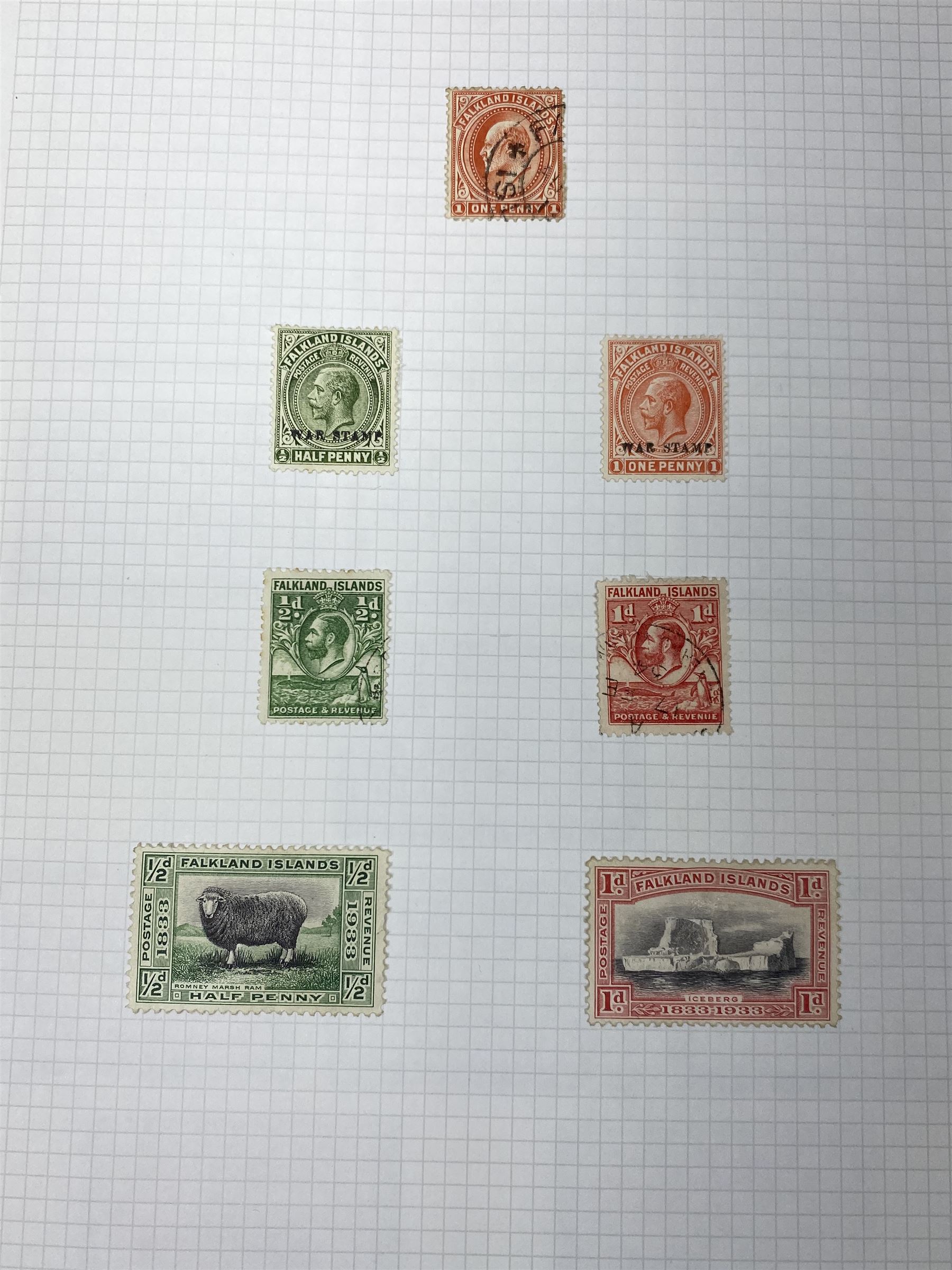 Falkland Islands, King Edward VII and later stamps, including 1904-12 values to one shilling unused, King George V 1912-20 values to five shillings unused etc, housed on pages