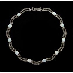 Silver opal and marcasite link necklace, stamped 925