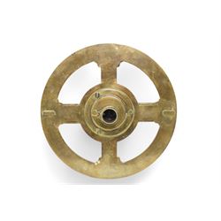 Ihon (John) Coggs of Fleet Street, London,- George II brass circumferentor (theodolite) c1730, housing a cylindrical glazed compass with a steel  indicating hand and engraved (formerly silvered) eight point compass rose to the centre, outer track divided into two-degree intervals and a subsidiary Arabic numeral chapter ring divided into ten minute intervals, mounted on a 12