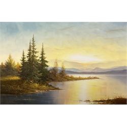 B Huber (20th century):  Evening Lake Scene, oil on canvas signed 60cm x 90cm  