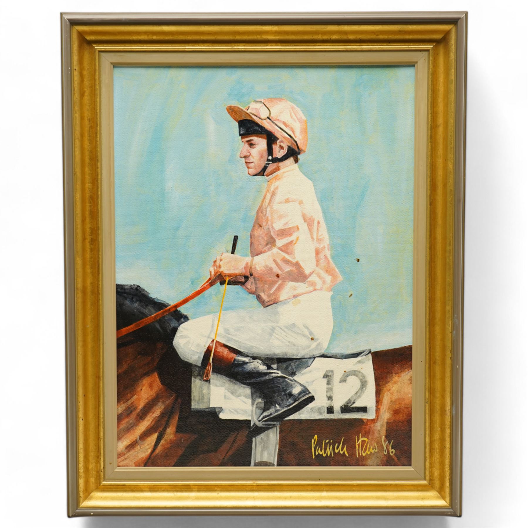 Patrick Haw (British 20th century): Jockey's - 'Pat Eddery' 'Joe Mercer' 'Walter Swinburn' and 'Steve Cauthen', set four acrylic on canvas signed and dated '86, 39cm x 29cm (4)