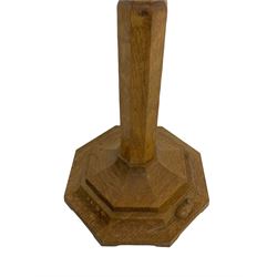 Mouseman - oak standard lamp, octagonal tapered column on octagonal base carved with mouse signature, by the workshop of Robert Thompson, Kilburn