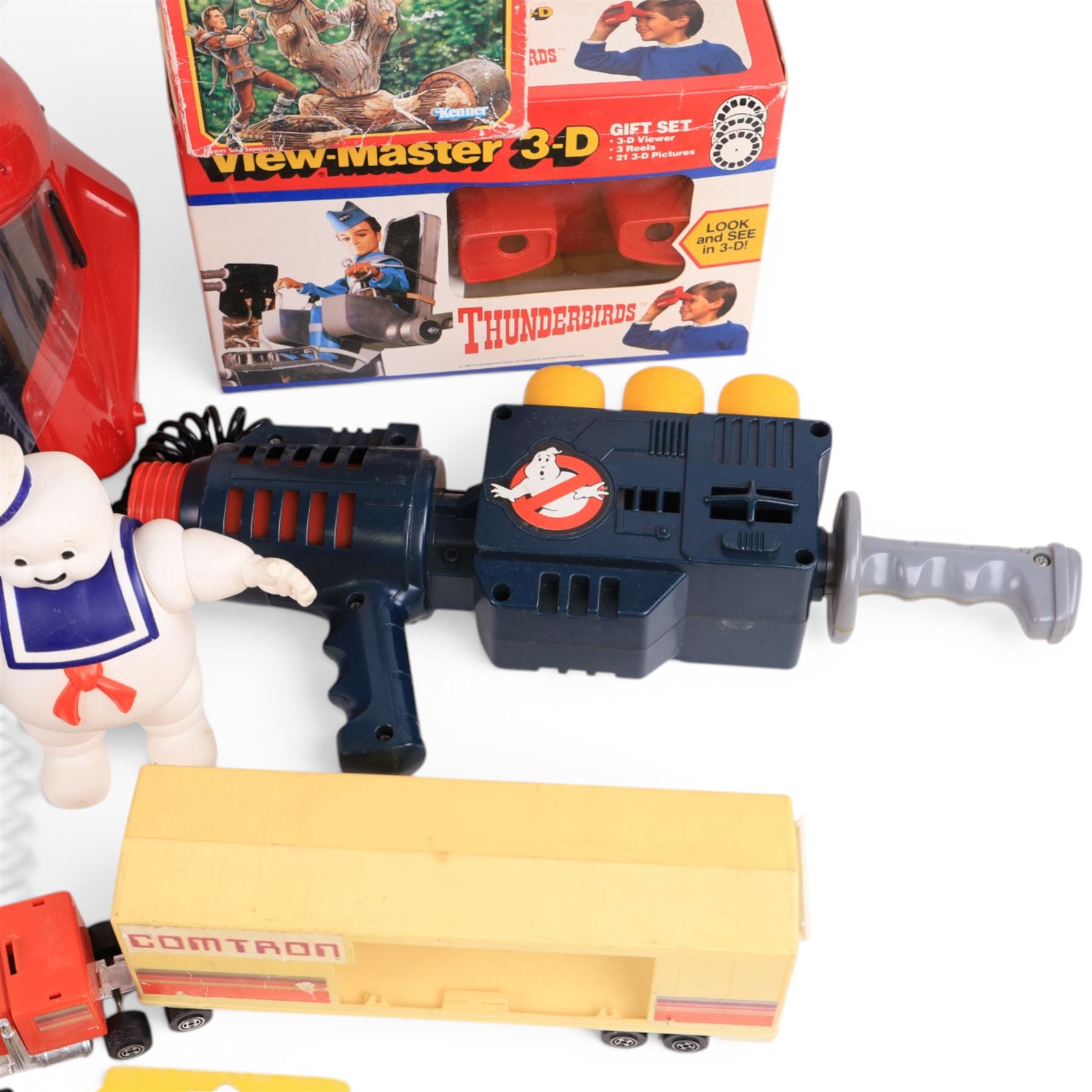 1980s toys, including Kenner The Real Ghostbusters Ghost Popper, Kenner Ghostbusters Stay Puft Marshmallow Man, boxed Kenner Robin Hood Prince of Thieves Bola Bomber, boxed Tyco Thunderbirds View Master 3D gift set, Planet of the Apes and Terrahawks Viewmaster slides, Proton Warrior Battle Game and a Knight Rider Comtron lorry