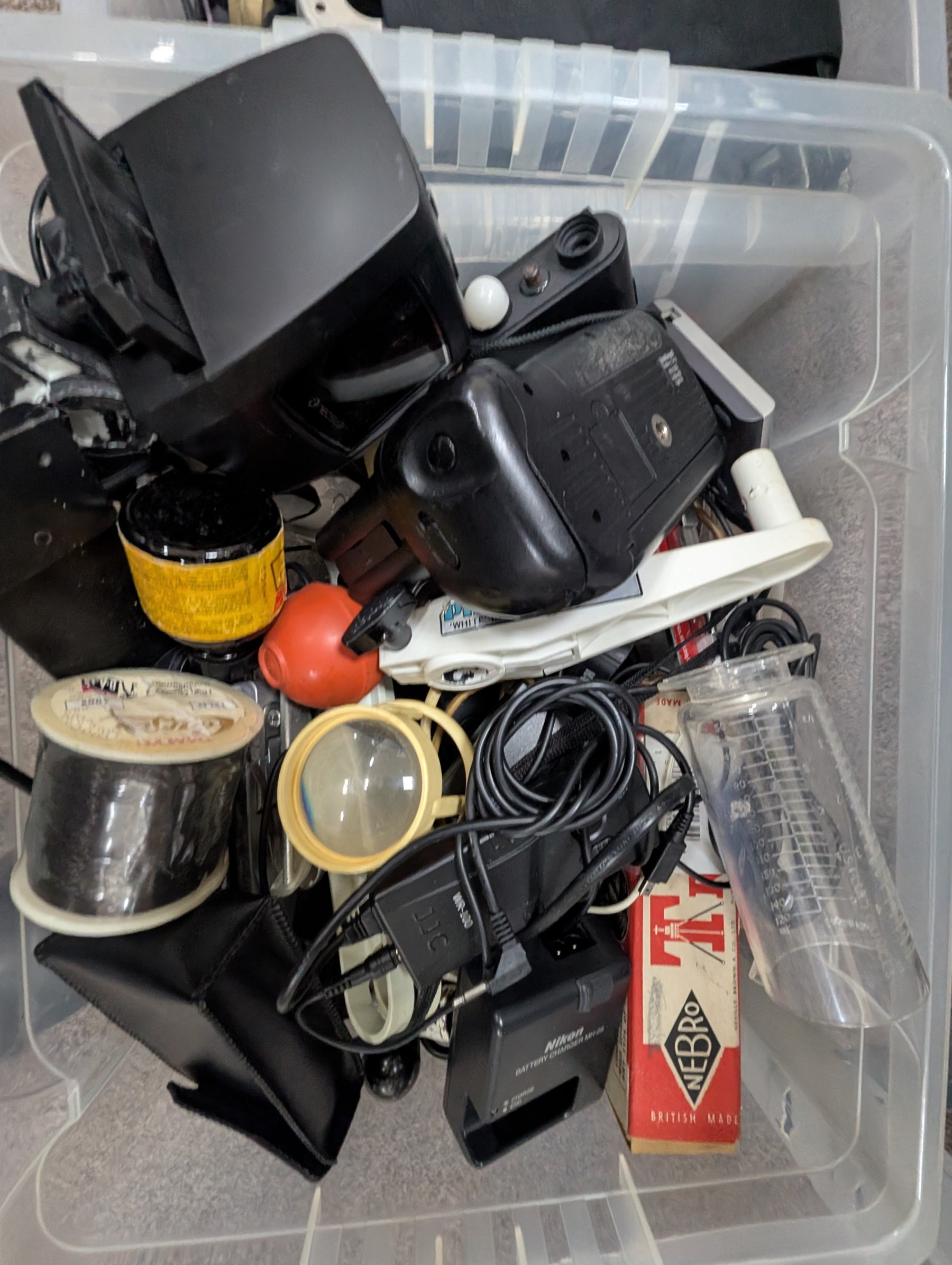 Collection of photography equipment, including cases, tripods, screens, guillotine, lighting etc