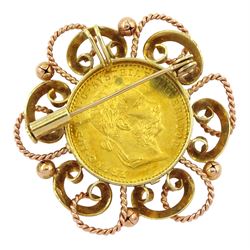 Austria 1915 gold 10 Franc coin, loose mounted in 14ct rose and yellow gold brooch