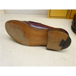  Four pairs of Gents Barkers leather loafers, sized 8 1/2 comprising: two Burgundy Cobbler Caruso & Navarone and Black Hi-Shine Caruso, all boxed and a pair ladies Church's leather loafers size 3 1/2   