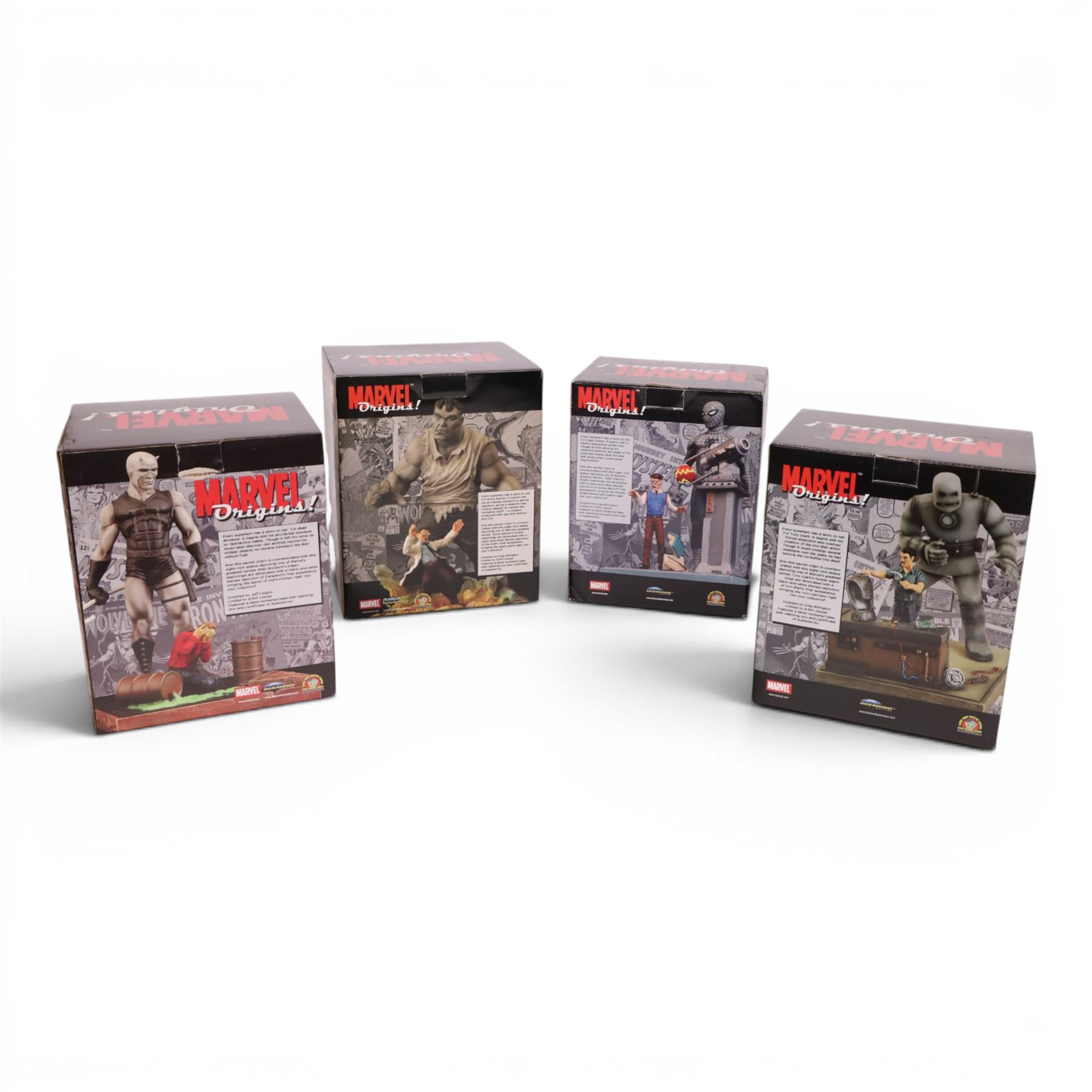 Four Diamond Select Toys limited edition Marvel Origins figures, comprising The Incredible Hulk, Amazing Spider-Man, Iron Man and Daredevil, all boxed with certificates of authenticity