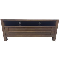 Contemporary dark oak television stand, fitted with single shelf over single drawer, on square feet