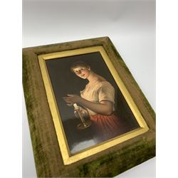 19th century KPM Berlin porcelain plaque, titled 'Gute Nacht' (Good Night), painted with a young girl holding a chamber stick and illuminated by the candlelight, signed lower right R Dittrich, impressed KPM marks verso and numbered, also marked with Beehive mark, titled and inscribed in pencil, in plush frame, plaque H23cm W16cm, overall H34cm W26.5cm

