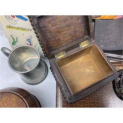 Mid 20th century cigarette box in the form of a gondola, the faux tortoiseshell with mother of pearl inlay (a/f), cased mantel clock with silvered numerical dial, oak lidded tea jar caddy, oak box, silver-plate cutlery, quantity of records, Smith's empire miniature clock, stamps etc