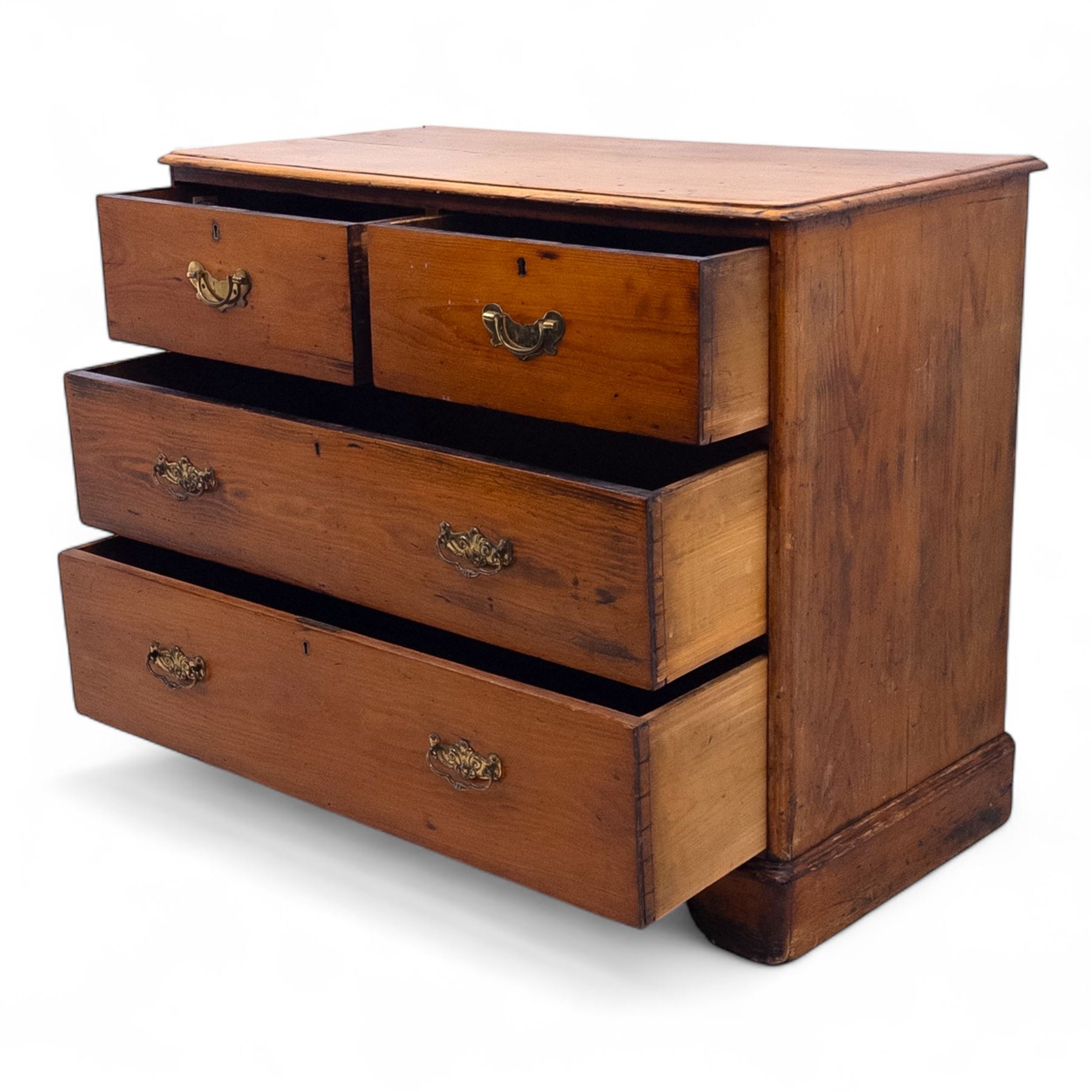 19th century pine chest of drawers, rectangular moulded top over two short and two long drawers fitted with brass handles, raised on bracket feet