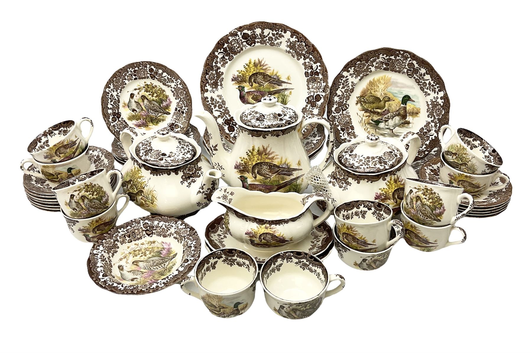 Royal Worcester Palissy Game Series pattern tea and dinner wares, to include two teapots, coffee pot, twelve cups and saucers in two sizes, four dinner plates etc (40) 