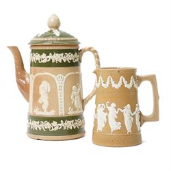 Royal Doulton stoneware Lord Nelson commemorative three piece tea set modelled in low relief with Victory and Nelson portrait with rope twist handles height of tea pot 13cm, Copeland late Spode coffee pot with relief moulded decoration and a similar jug