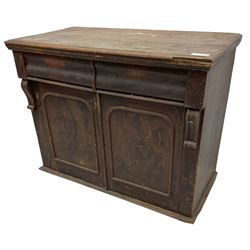 19th century scumbled pine chiffonier, moulded rectangular top over two drawers and two cupboards, mounted by scroll carved brackets