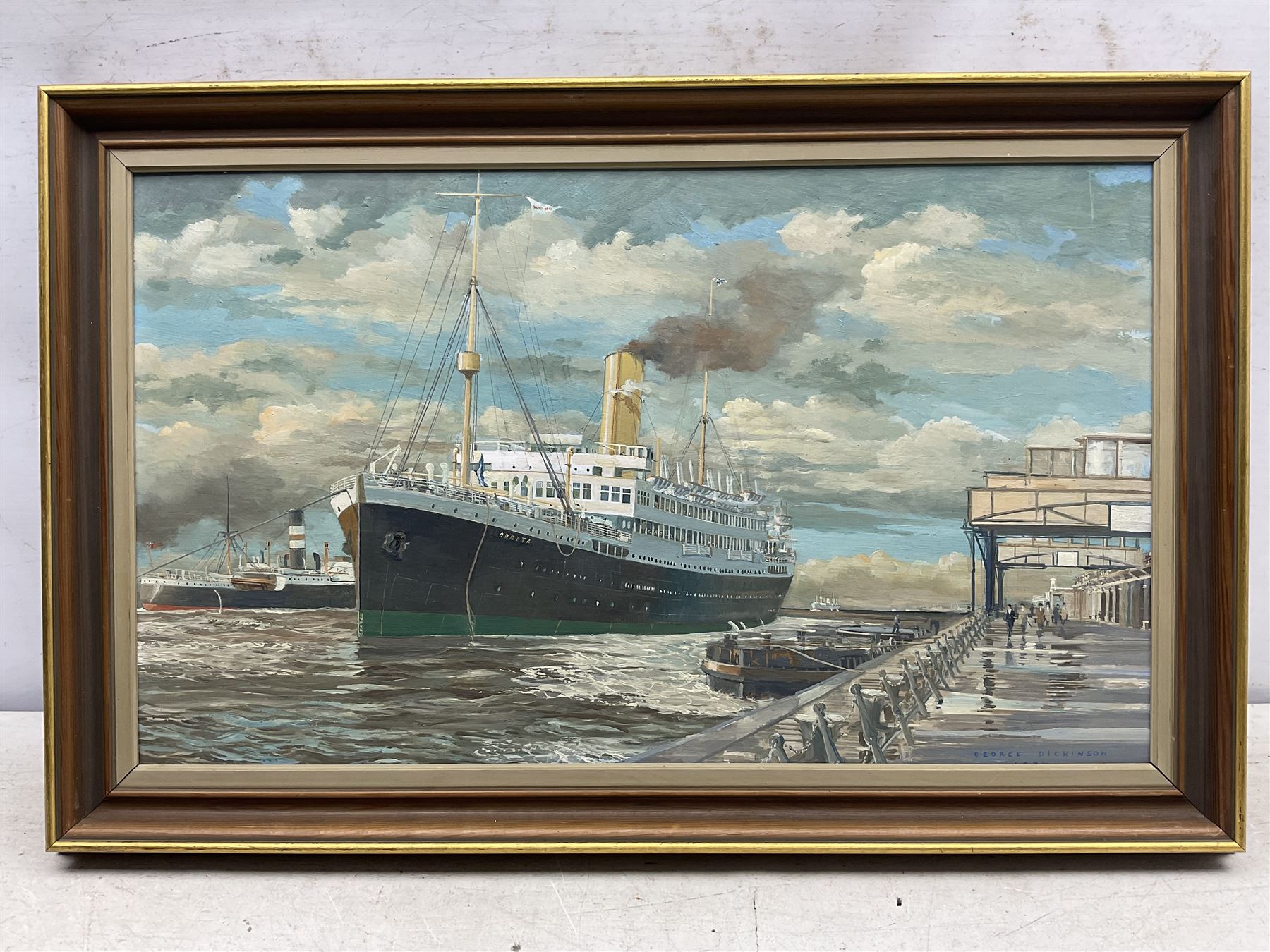 George Dickinson (British 20th Century): SS Oribita Moored in the Harbour, oil on board signed and dated 1974, 34cm x 57cm 