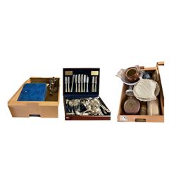 Pair of blue and white table lamps, together with plant pot in the form of a shell, flatwa...