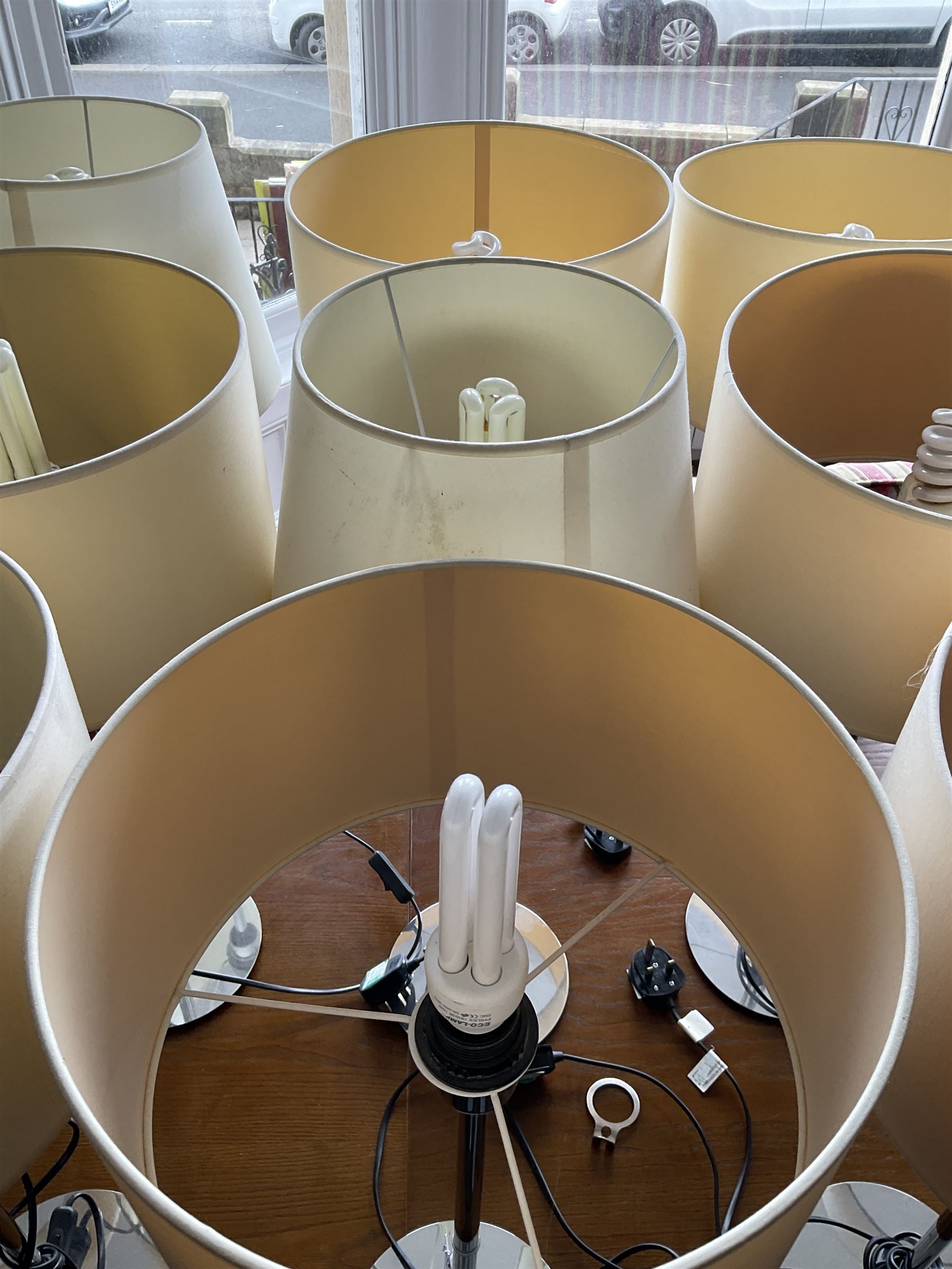 Set of fifteen chrome table lamps with various shades (15)- LOT SUBJECT TO VAT ON THE HAMMER PRICE - To be collected by appointment from The Ambassador Hotel, 36-38 Esplanade, Scarborough YO11 2AY. ALL GOODS MUST BE REMOVED BY WEDNESDAY 15TH JUNE.