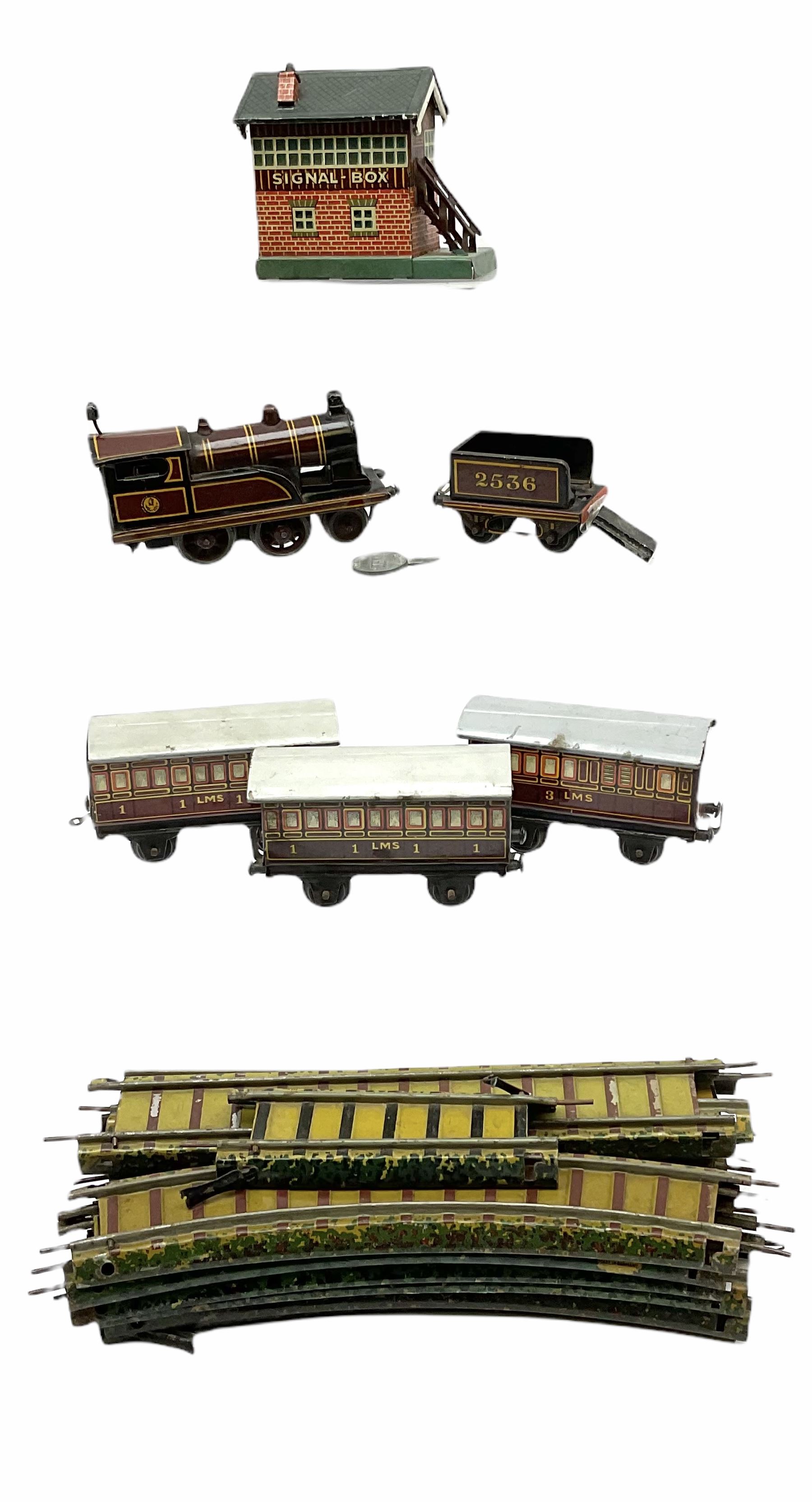 Bing '00' gauge - Table Top train set with clockwork 2-4-0 LMS locomotive and tender, three passenger coaches, signal box and thirteen sections of track; unboxed.