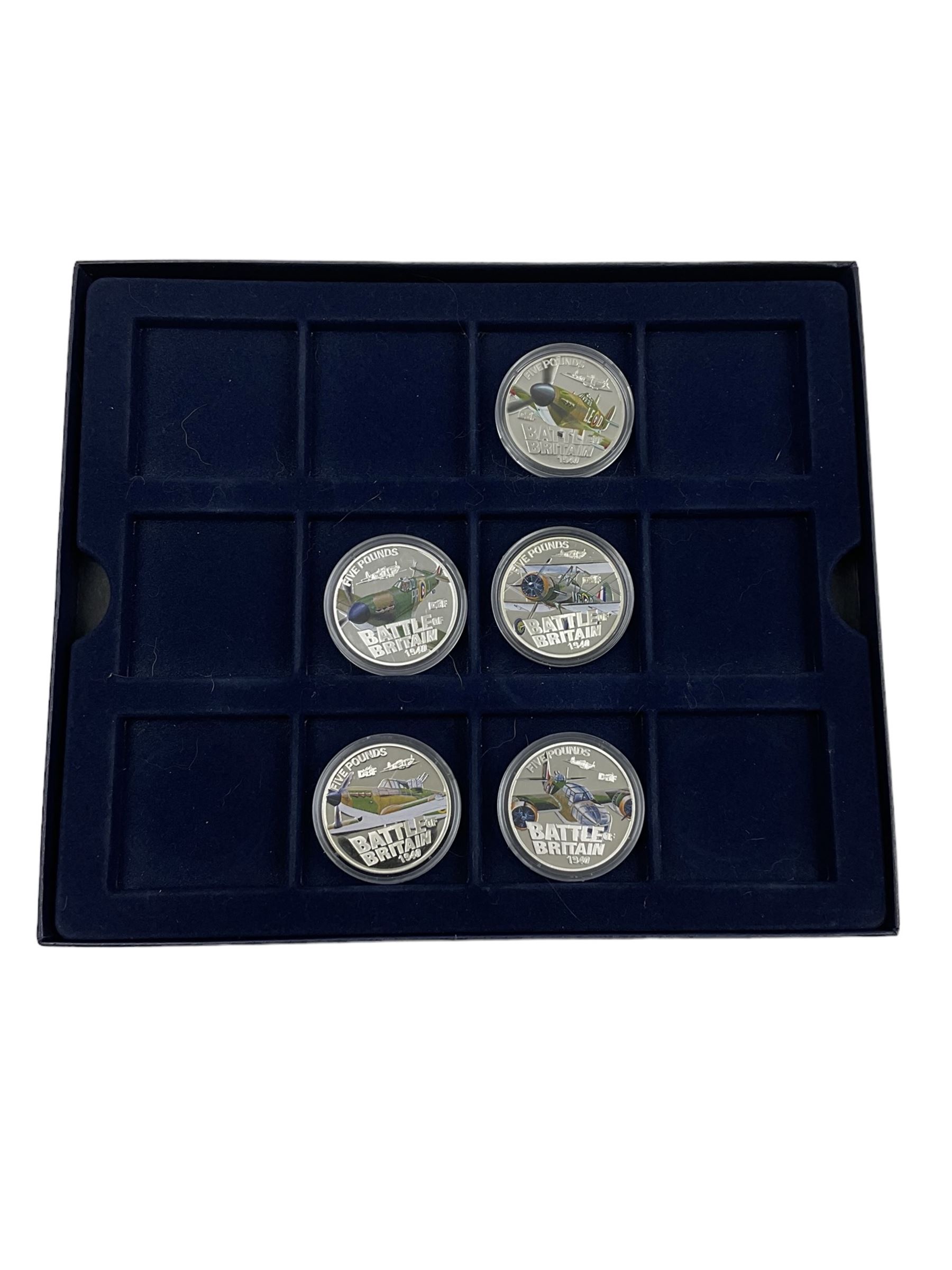 Five Queen Elizabeth II Bailiwick of Guernsey 2010 silver proof five pound coins, from the '70th Anniversary Battle of Britain Silver Coin Collection', some with certificates