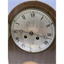 Ogden of Harrogate walnut cased mantel clock with silvered roman dial, the domed case with shell parquetry inlay, H34cm, rectangular brass inlaid stationary box, Miniature copy of the New Testament,  together with midget-book, magnifying glass case etc (4)