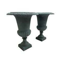 Pair of Victorian design teal painted cast iron campana shaped garden urns, egg and dart rim over a gadrooned underbelly, tapering column on square plinth base - THIS LOT IS TO BE COLLECTED BY APPOINTMENT FROM DUGGLEBY STORAGE, GREAT HILL, EASTFIELD, SCARBOROUGH, YO11 3TX